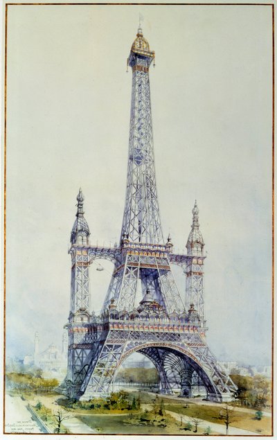 Projekt för att modifiera Eiffeltornet för 1900-utställningen (maj 1896). Gravyr från 1896. Paris, Riksarkivet av French School