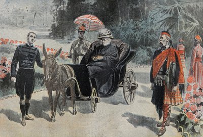 Promenade de Victoria I (1837-1901) Drottning av England, i parken på Hotel Cimiez nära Nice. Gravyr i "" Le Pelerin"" 26/03/1899. av French School
