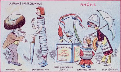Reklam- och utbildningskort för barn av matspecialiteter i Rhone-regionen, ca 1900 av French School