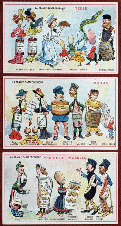 Reklam- och utbildningskort för barn som visar matspecialiteter från Lorraine-regionen, ca 1910 av French School