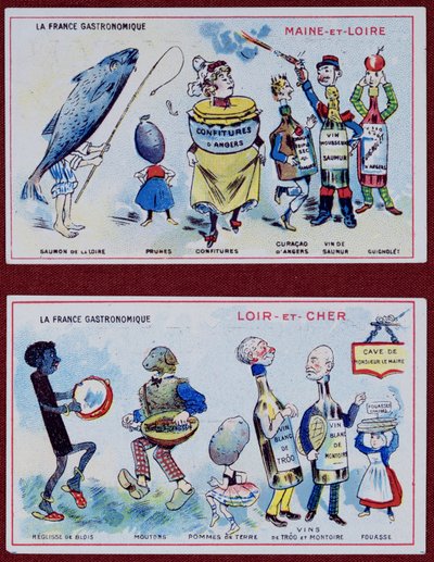 Reklam- och utbildningskort för barn som visar matspecialiteter från regionerna Maine-et-Loire och Loir-et-Cher, ca 1910 av French School