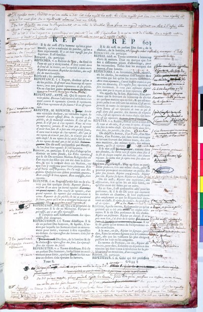 Korrektursida med korrigeringar av en upplaga av Franska Akademiens ordbok (bläck på papper) (se även 179945) av French School