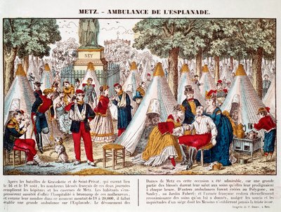 Preussiska kriget: en ambulans installerad på esplanaden för att behandla sårade 1870 i Metz (gravyr) av French School