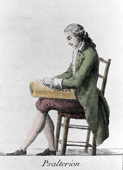 Psalterion spelare. Gravyr från slutet av 1700-talet. av French School