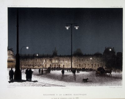 Offentlig belysning med elektriskt ljus på place du carrousel i Paris 1883 - i "" Magnetism and Electricite"" av Amedee Guillemin av French School