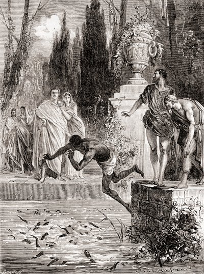 Publius Vedius Pollio, romersk ryttare, matar en slav till sina lampräsålar, från Les Merveilles de la Science, publicerad ca 1870 av French School