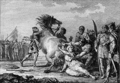 Brunehauts straff, 613: Brunehaut eller Brunehilde (543-613), drottning av Austrasien, fästs vid svansen på en okuvlig häst innan den släpas till marken. Gravyr av 1700-talet. av French School