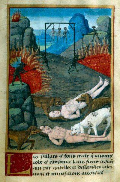 Tjuvar och plundrare straffas i helvetet genom att hängas, brännas och ätas upp av hundar. Miniatyr ur "Le Tresor de Sapience" av Jean Gerson (1363-1429) 1400-tal Chantilly, Musee Conde av French School