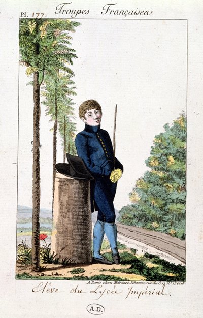 Elev av Lycee Imperial i Paris lutad mot ett träd, skylt 177 från Troupes Francaises, ca 1805-10 av French School