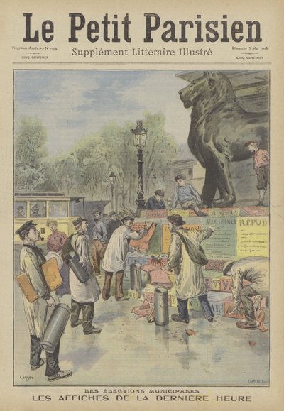 Att sätta upp affischer för det franska kommunalvalet (färg litho) av French School