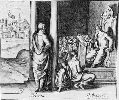 Pythagoras (ca 570-480 f.Kr.) undervisar en klass av elever, illustration från Ovidius Metamorphoses av French School