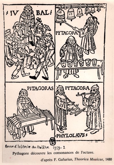 Pythagoras (ca 580-500 f.Kr.) som upptäcker oktavens konsonanser, från Theorica Musicae av Franchino Gaffurio, publicerad första gången 1480, från Revue de lHistoire du Theatre, 1959 (bw phot) av French School