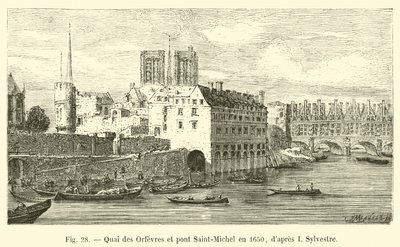 Quai des Orfevres och Pont Saint-Michel 1650, efter I Sylvestre av French School