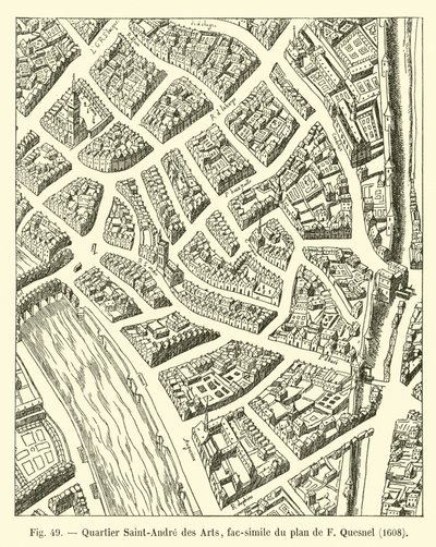 Saint-Andre des Arts-distriktet, faksimil av F Quesnels plan, 1608 av French School