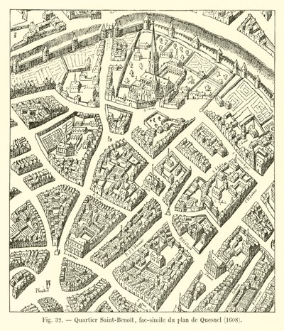 Saint-Benoit-distriktet, faksimil av kartan över Quesnel, 1608 av French School