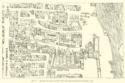 Louvren-distriktet på 1500-talet, faksimil av planen av O Truschet, 1552 av French School
