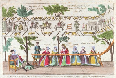 Drottning Mathilda och hennes tjänare väver Bayeuxtapeten, scen från en föreställning i Vaudeville av French School