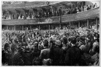 Drottning Victoria Iere (1819-1901) deltog i framförandet av Charles Gounods oratorium "Mors et Vita" i Albert Hall i London. Detta är hennes första offentliga representation sedan hennes man, prins Albert, dog. Gravyr i "" Le Monde Illustré"", mars av French School