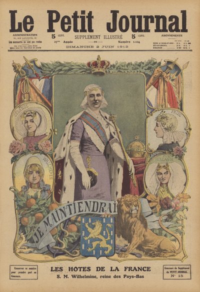 Drottning Wilhelmina av Nederländerna (färg litho) av French School