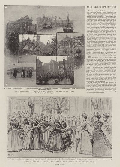 Drottning Wilhelminas tillträde, festen i Scheveningen (gravyr) av French School