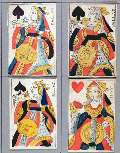 Spaderdrottning och Hjärtadrottning spelkort, 1600-1700-tal (färgad trästick) av French School