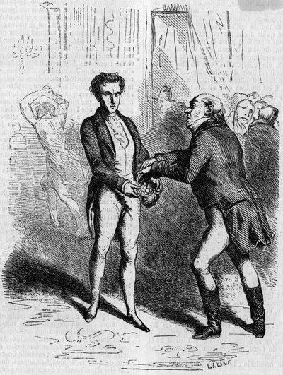 Rastignac yr låter den vithåriga mannen ta tio louis. Gravyr i mitten av 1800-talet. Illustration till "The Father Goriot" av Honore de Balzac (1799-1850). av French School