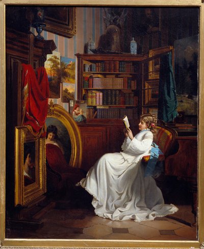 Läser en flicka som läser en bok på ett kontor. Målning av Franska skolan. 1800-talets privatsamling av French School