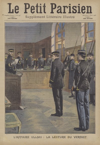 Uppläsning av domen vid förräderirättegången mot Charles Benjamin Ullmo (färg litho) av French School