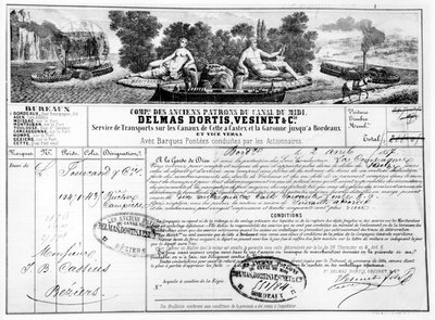 Kvitto utfärdat av Compagnie du Canal du Midi för transport av varor från Bordeaux till Beziers, 1857 (bw foto av gravyr) av French School