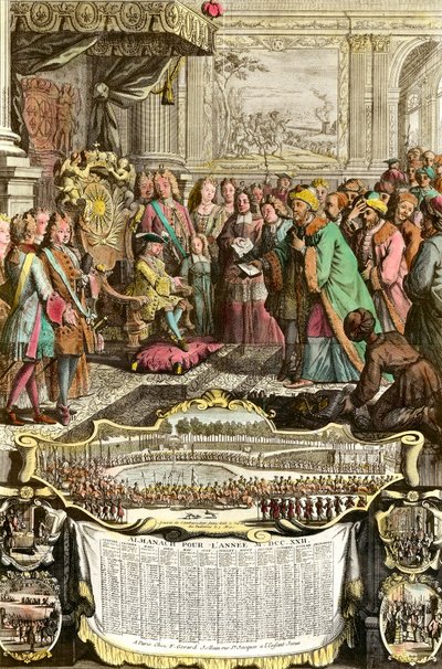 Ludvig XV:s mottagning av Mehemet Effendi, turkisk ambassadör för den store sultanen Achmet, i Tuilerierna den 21 mars 1721. Gravyr från 1700-talet. Privat samling. av French School