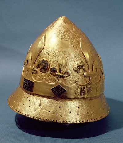 Rekonstruktion av den förgyllda hjälmen av Karl VI (1368-1422) som hittades i Louvrens utgrävningar 1986 (metall) av French School