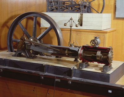Rekonstruktion av ångmaskinen uppfann av George Henry Corliss (1817-88) (metall) av French School