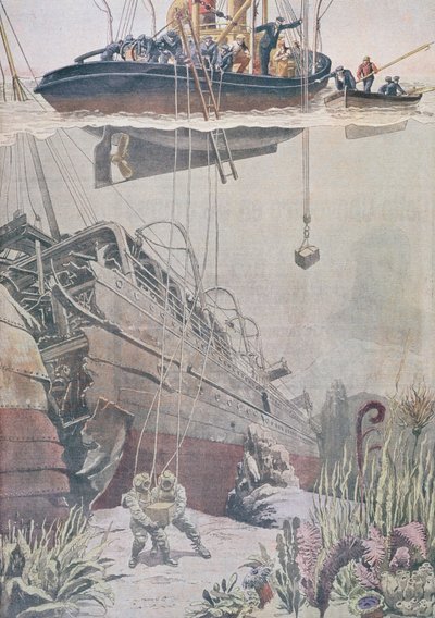 Återvinning av skatter från vraket av Oceana, illustration från Le Petit Journal, 1912 av French School