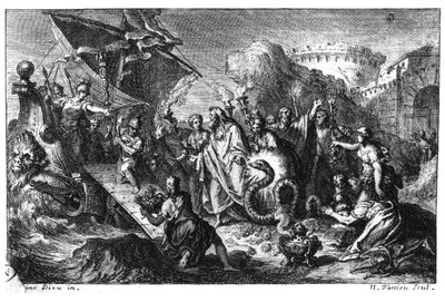 Reinkarnation av Asclepios som en orm vid tiden för hans kults ankomst till Rom från Grekland 293 f.Kr. av French School
