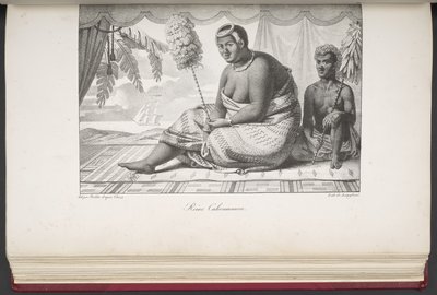 Reine Cahoumanou, Sandwichöarnas invånare, från Pittoreska resor runt om i världen, med porträtt av vildar från Amerika, Asien, Afrika och Stora Oceanens öar; landskap, havsutsikt och flera naturhistoriska föremål; av French School