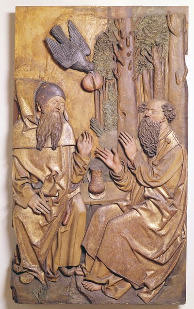 Relief föreställande St. Anthony på besök i St. Paul i öknen, från Chapale of the Old Hospital i Colmar (förgyllt trä) av French School