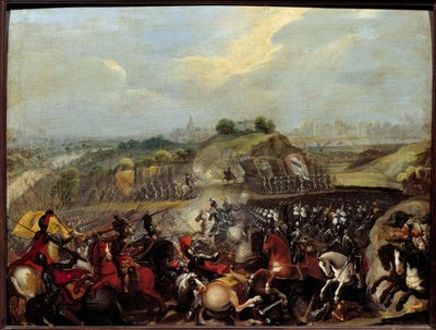 Religiösa krig: "" Henrik IV i slaget vid Ivry den 14/03/1590” Slaget vid Ivry den 14/03/1590 såg den kungliga arméns seger mot Katolska förbundet. Maximilian av Bethune, hertig av Sully, kungens minister, skadades där. Målning av Fren av French School
