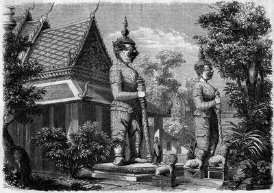 Religiös arkitektur: exteriörvy av en pagod i Bangkok (Siam) 1861. Gravyr i "" Le Monde Illustré"" nr 223 av 20 juli 1861. av French School