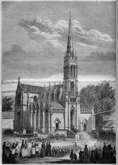 Religiös arkitektur: allmän bild av kyrkan Monfort le Retrou (idag Montfort le Gesnois i Sarthe (72), dagen för dess invigning 1858. Från en skiss av herr Moulin. Gravyr i "" Le Monde Illustré"" n °77 av den 2 oktober 1858. av French School
