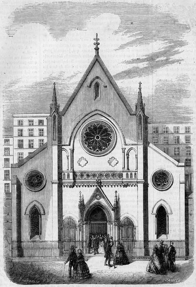 Religiös arkitektur: utsikt över templets fasad för amerikaner som bor i Paris, rue de Berry, 1857. Byggnad byggd av arkitekten Mr Salmon. Gravyr i "" Le Monde Illustré"" nr 33 av 28 november 1857. av French School