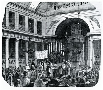 Religiös ceremoni vid den gamla Parissynagogan för Rosh Hashana, illustration från Le Tableau de Paris av Edmond Texier, publicerad i Paris, 1852 av French School