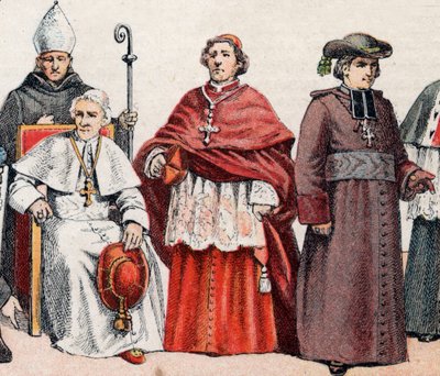 Religiösa dräkter: från g till d en eveque bär mitra och håller den biskopsliga rumpan, påven Leon XIII (Leone XIII) sittande, en kardinal i prelatice screed (eller cappa magna), och en eveque i rock - från l till r, biskop med mitra och kors, påven L av French School