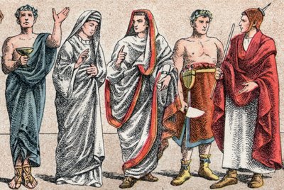 Religiösa dräkter i antiken: från ett porträtt av en grekisk präst, offerminister, en vestal, pretress i antikens Rom och en store påve i antikens Rom (Pontifex maximus), en popa och en flamino (flamen) romersk präst hängiven till gudstjänsten av o av French School