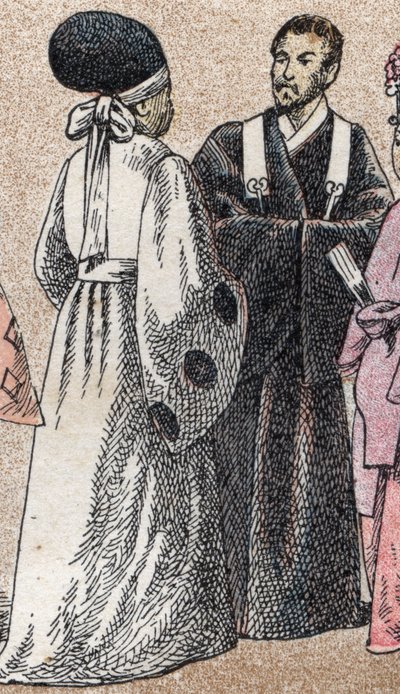Religiösa dräkter i Asien: två shintopräster från Japan - Gravyr - Religiösa dräkter i Asien: två shintopräster från Japan - Gravyr - Privat samling av French School