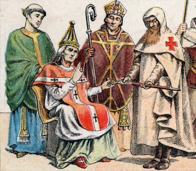 Religiösa dräkter under medeltiden: från g till d en präst från 900-talet, en påve på 1000-talet, en eveque (med mitra och en rumpa) till 1100-talet och medlem av Hospitallerorden (Orden of St. Johannes av Jerusalem) - Religiös kostnad av French School