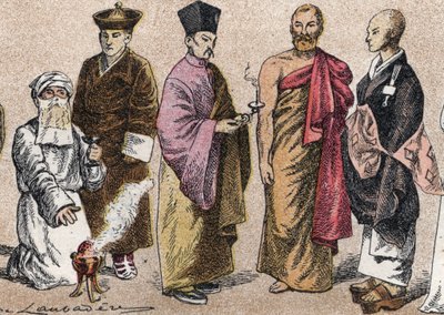 Asiens religiösa dräkter: från g a d porträtt av en präst Parsi (parsism eller anhängare av parsism), Lama (tibetansk andlig mästare), kinesisk buddhistpräst, Ceylon-bonze och japansk buddhistpräst - Gravyr - Religiösa dräkter i Asien: från vänster till ri av French School