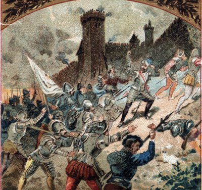 Religiösa krig: hugenotterna intog Dampierres slott 1567. Kromolitografi från slutet av 1800-talet av French School