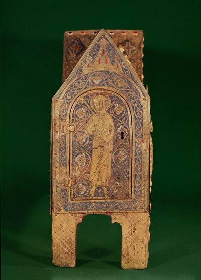 Relikvieskrin av St. Calminius, detalj av St. Peter som håller nycklarna, Limoges (koppar & champleve-emalj) av French School