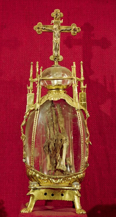 Relikvieskrin innehållande St. Attalias hand (ca 697-741) 1100-1400-talet (koppar, förgyllt silver och bergskristall) av French School