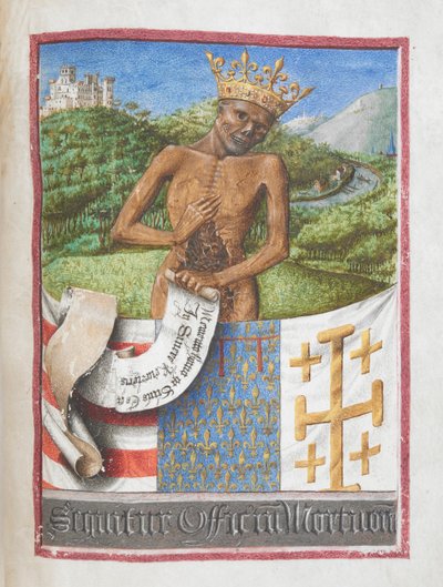 Rene, hertig av Anjou som ett krönt skelett, från René av Anjous tidbok (vellum) av French School
